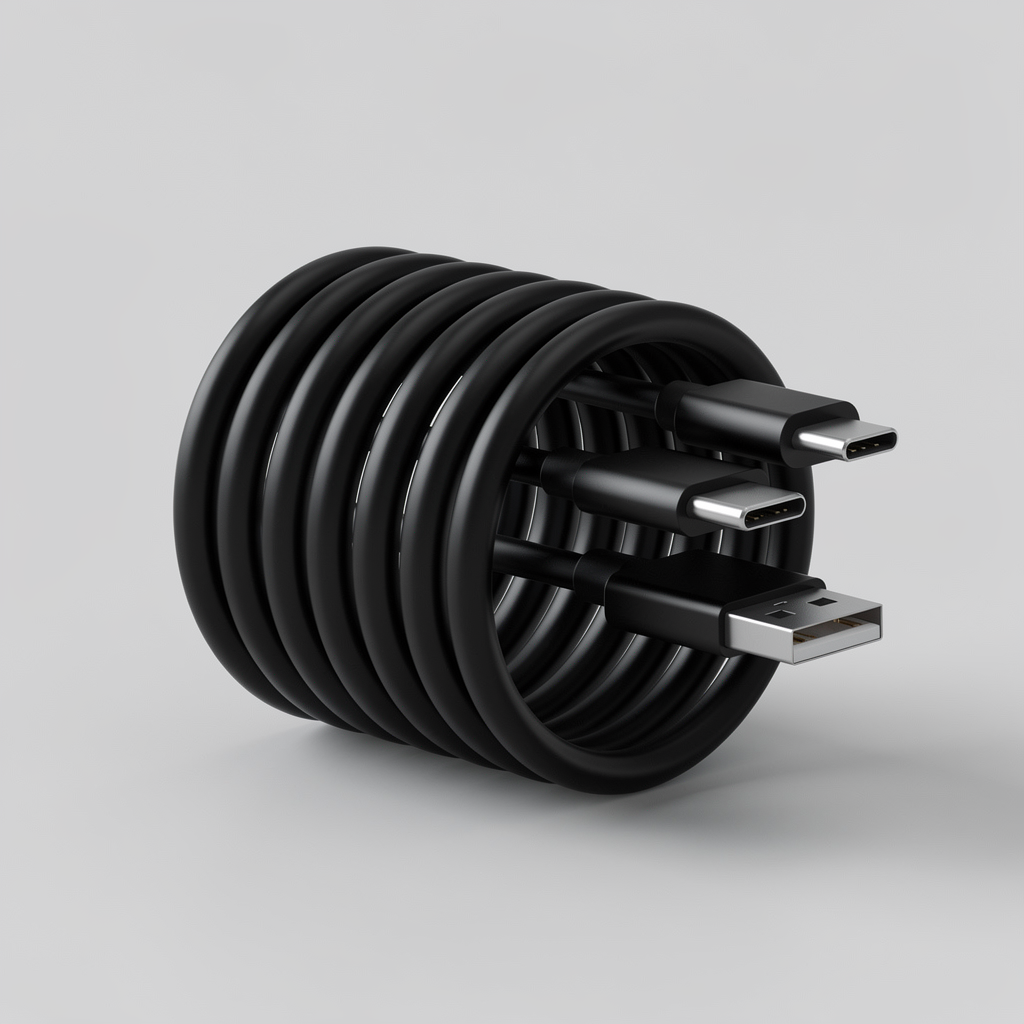 USB-kabels op een neutrale grijze achtergrond