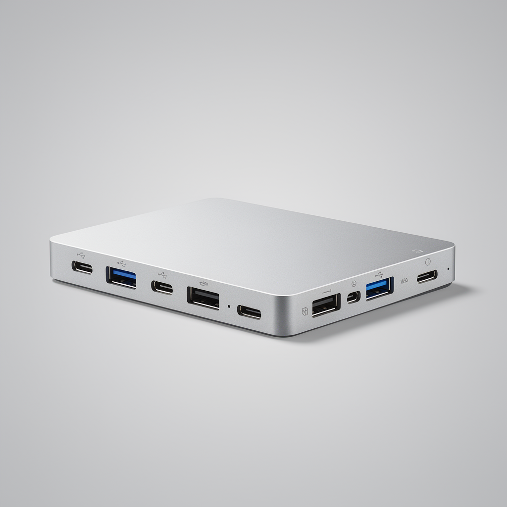 USB-C dockingstation op een neutrale grijze achtergrond