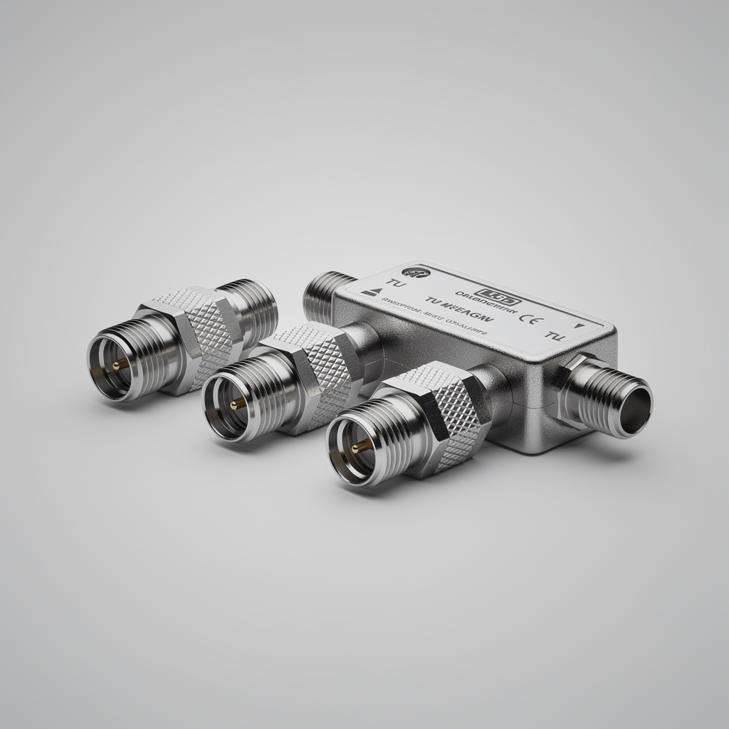 F-connectoren en splitter op een neutrale grijze achtergrond
