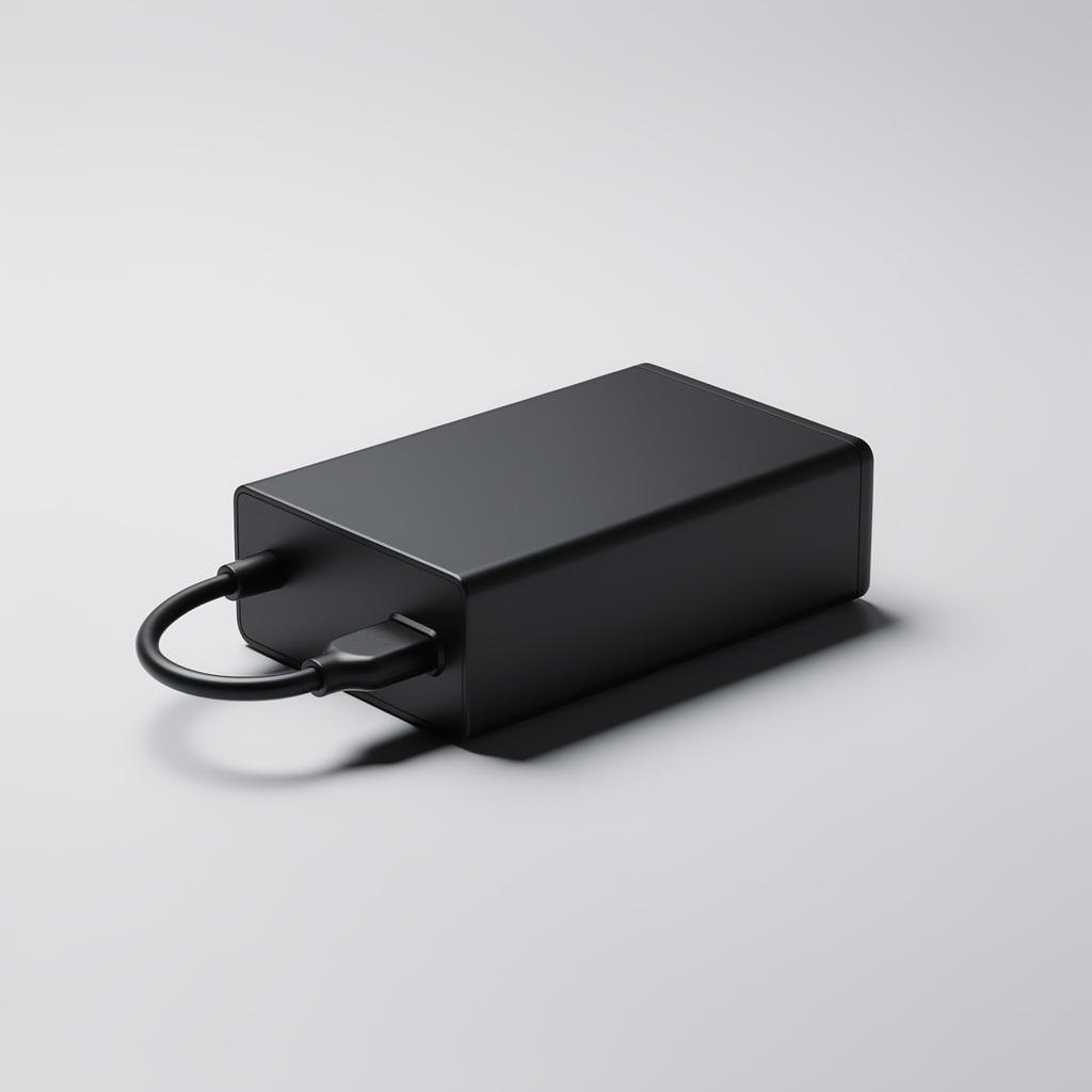 Laptoplader op een neutrale grijze achtergrond