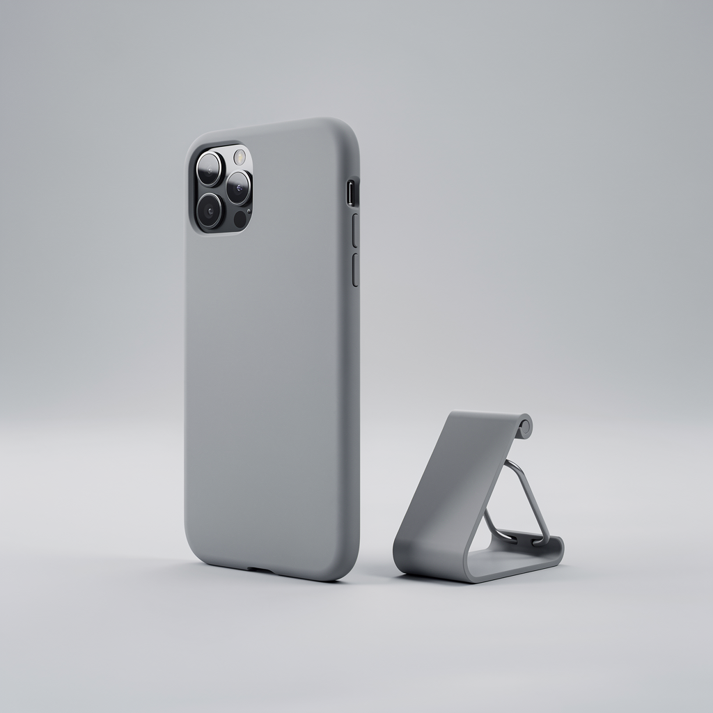Telefoon- en tabletaccessoires op een neutrale grijze achtergrond